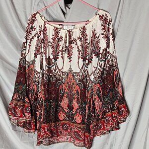 Entro Blouse Women's Large Paisley Printed Long Sleeve Flutter Boho Retro Shirt